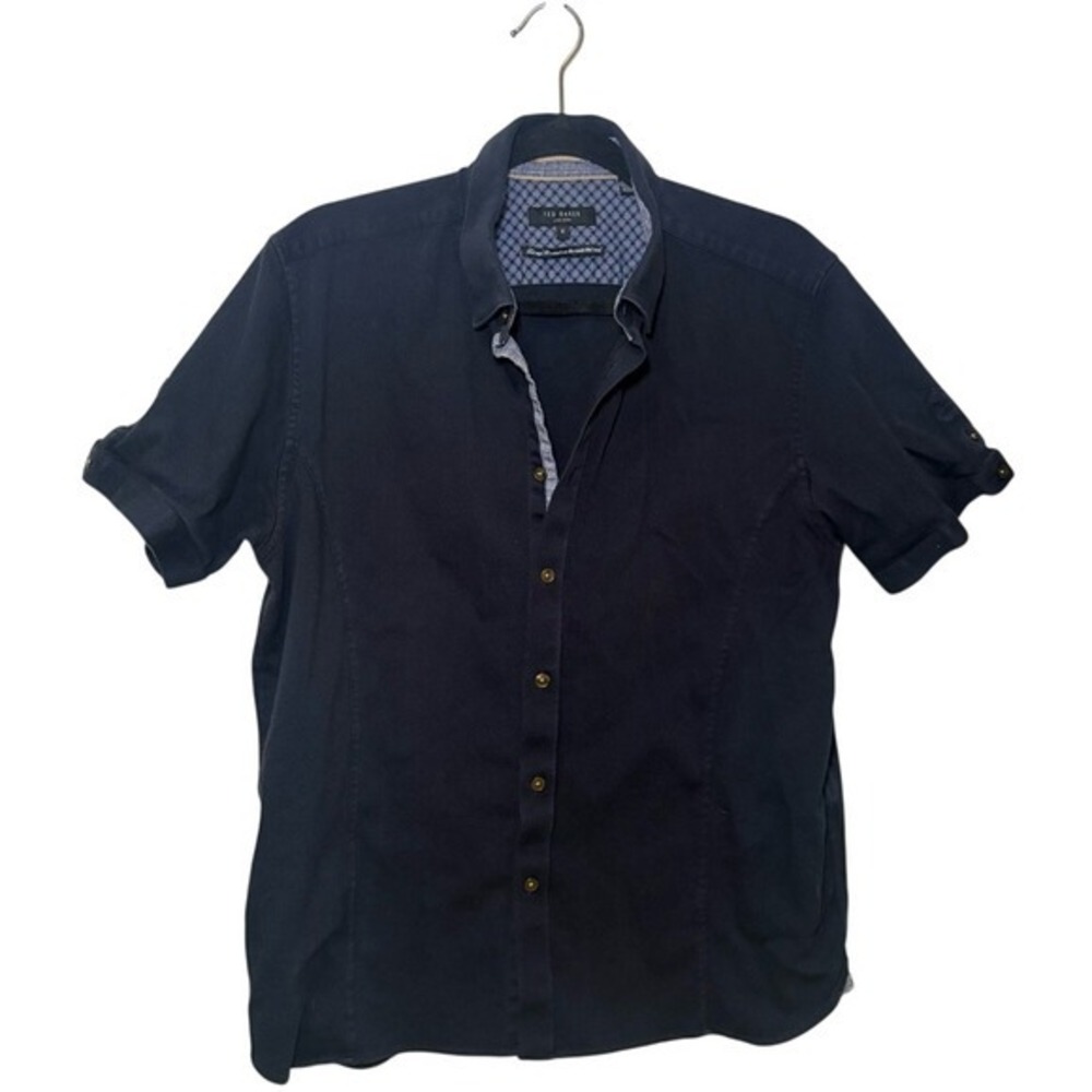 Ted‎ Baker London Navy Blue Textured Short Sleeve Button Up Shirt Men's Size 5